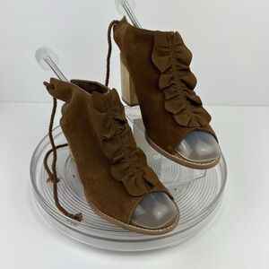 Toms Womens Sandals SZ 8 Elba Brown‎ Suede Open Toe Block Heel Tie Back Ruffle